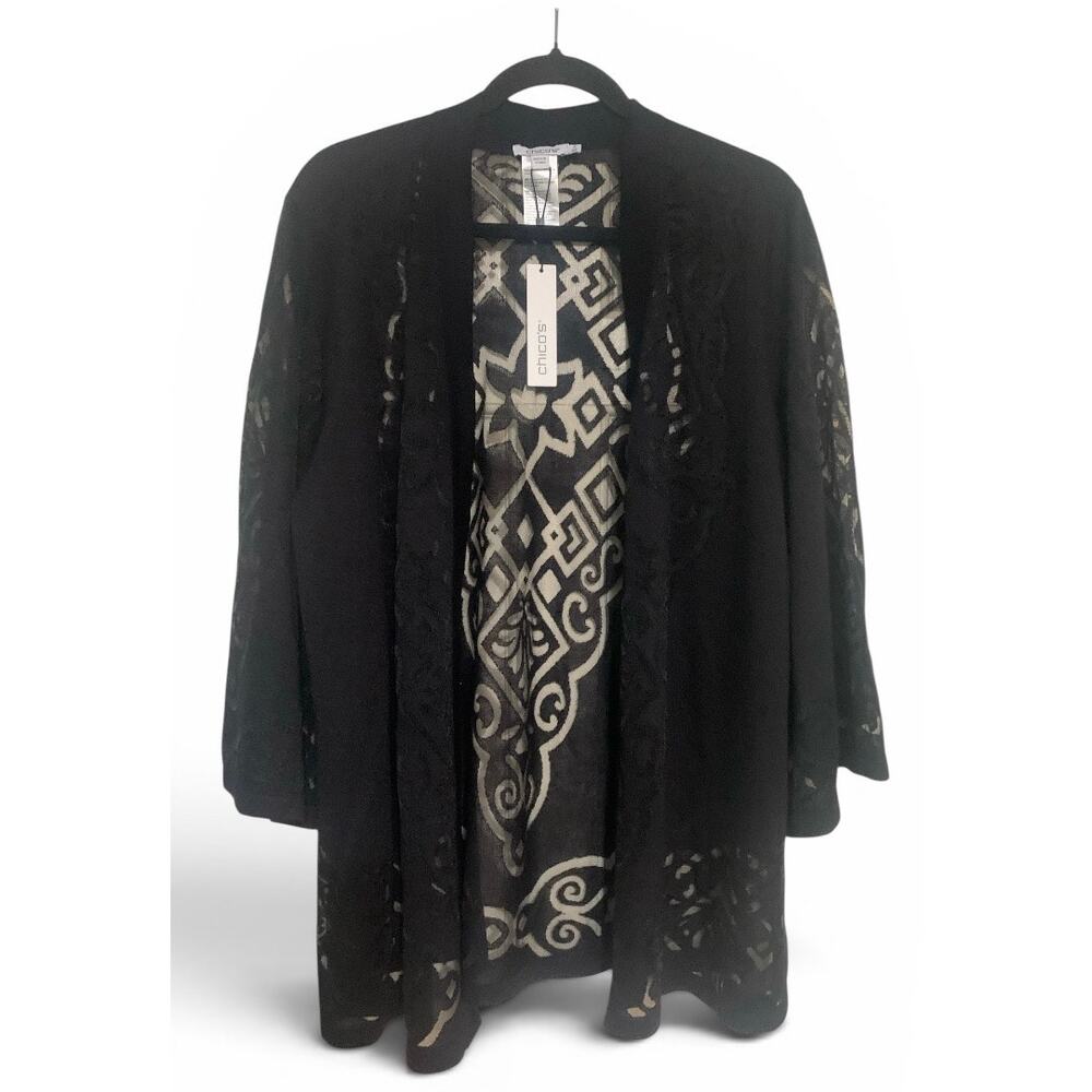NWT Chico's Sheer Knit Lace Cardigan Black Lightweight Classic Minimalist XXL